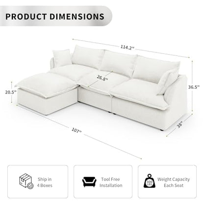 Cloud Sectional Sofa,114.2" Large L Shape Convertible Modular Couches,Down Fill Sectional Sofa,Detachable Couch Cushion Covers,4 Seater Corner Sofa with Ottoman for Living Room, Cream White