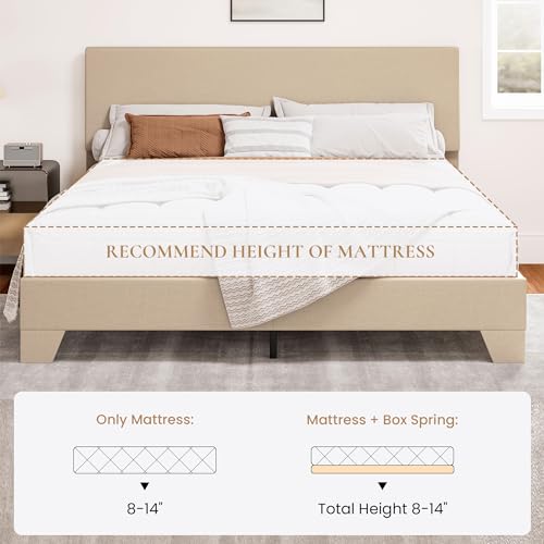 Linen Upholstered Queen Size Bed Frame with Headboard, Beige, view 7