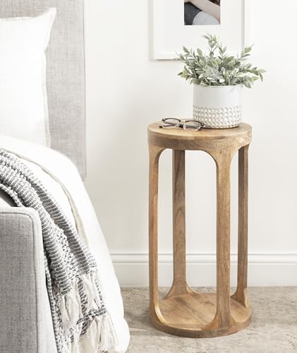 Dahl Wooden Round Drink Table; 12 x 23; Natural Brown; Transitional Boho Circle Wood Accent Pedestal Table for Living Room Plant Stand or Small Bedroom Nightstand