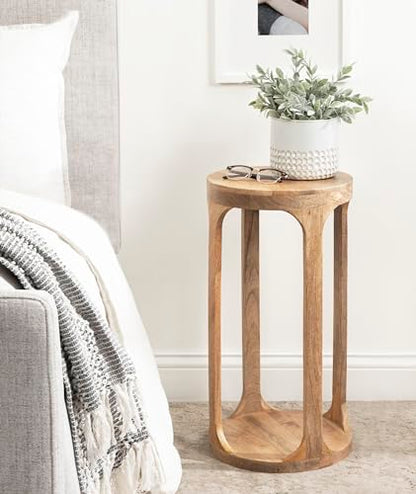 Dahl Wooden Round Drink Table; 12 x 23; Natural Brown; Transitional Boho Circle Wood Accent Pedestal Table for Living Room Plant Stand or Small Bedroom Nightstand