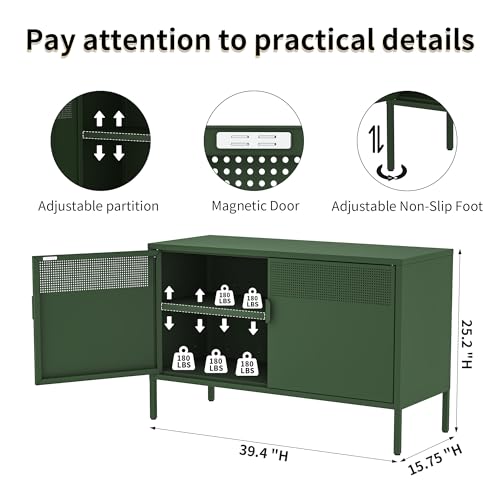 Metal Storage Locker Cabinet with 2 Doors & Adjustable Shelves, 25" Green Accent Furniture, Multipurpose Office Dresser or TV Stand for Home Entryway (Green, 25H)