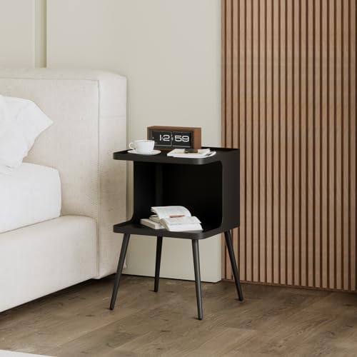 Modern Metal Side Table Nightstand, Small Square End Table for Bedroom & Living Room, Matte Black Bedside Table with Storage, Minimalist Accent Table for Small Spaces