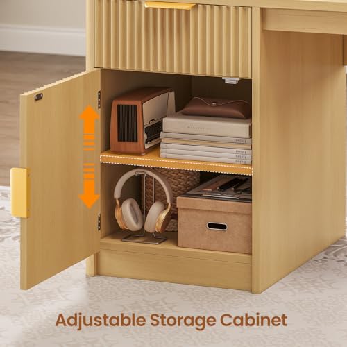 67" x 65" L Shaped Desk with Hutch, RGB LED Corner Computer Desk with Power Outlets, Fluted Home Office Desk with File Drawer, Storage Cabinet & Glass Display Cabinet for Gaming & Working, Oak