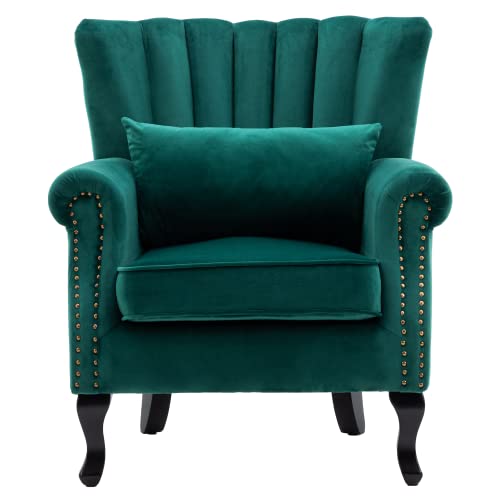 Mid-Century Modern Accent Chair Comfy Single Sofa Chair Channel Back Armchair with Small Pillow for Living Roon Bedroom Club - Velvet, Green
