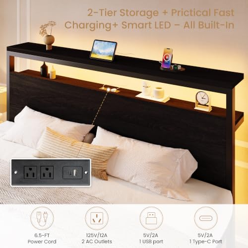 King LED Bed Frame, 2 Storage Drawers, Charging Station, Black, view 5