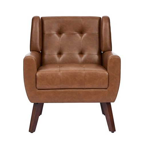 Faux Leather Accent Chair, Modern Upholstered Club Arm Chair for Living Room, Comfy Armchair Single Sofa Seat with Solid Wooden Legs (Coffee)
