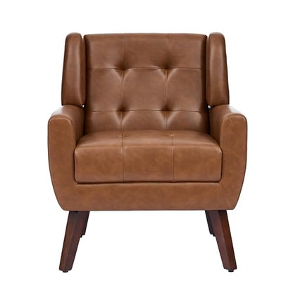 Faux Leather Accent Chair, Modern Upholstered Club Arm Chair for Living Room, Comfy Armchair Single Sofa Seat with Solid Wooden Legs (Coffee)