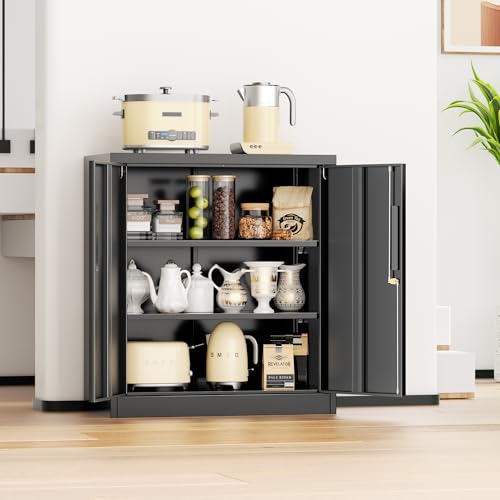 36” Metal Storage Cabinet with Doors and Shelves，Garage Cabinets, Lockable Storage Cabinet for Home, Office, Pantry (Black)
