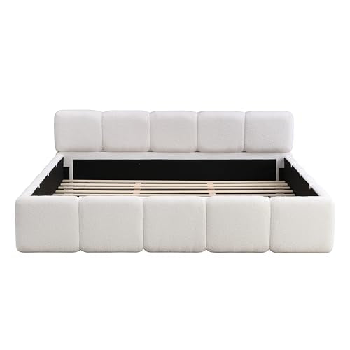 White Bouclé Platform Bed, view 7