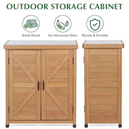 Outdoor Storage Cabinet & Potting Bench Table with Metal Top, Wooden Patio Furniture, Garden Workstation (Light Brwon, 36x31x17in)