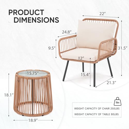 3 Pieces Patio Bistro Sets, Wicker Rattan Furniture Set | Round Glass Table, Outdoor, Balcony, Porch, Lawn, Garden, Backyard