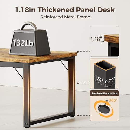 63 Inch Large Computer Desk with Power Outlets, 1.2" Thick Heavy Duty Industrial Office Desk, Modern Simple Study Writing Table for Home Office Bedroom Workstation, Brown