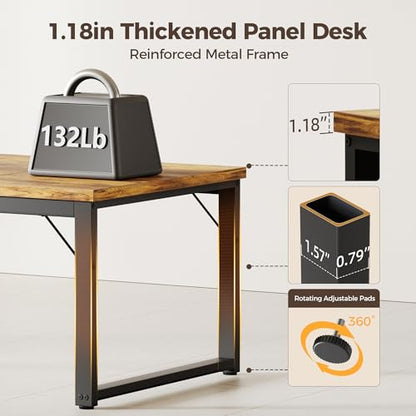 63 Inch Large Computer Desk with Power Outlets, 1.2" Thick Heavy Duty Industrial Office Desk, Modern Simple Study Writing Table for Home Office Bedroom Workstation, Brown