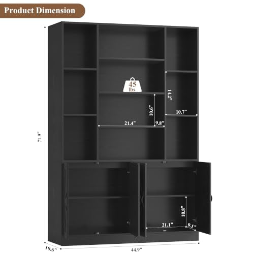 72" Tall Bookshelf, Large Farmhouse Bookcase with Storage, Black, view 4