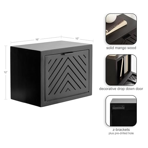 Mezzeta Modern Floating Shelf Side Table with Storage Cubby; 16 x 10 x 12; Black; Decorative Slatted Wood Floating Nightstand with Pull Down Door for Use as Bathroom Storage