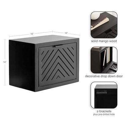 Mezzeta Modern Floating Shelf Side Table with Storage Cubby; 16 x 10 x 12; Black; Decorative Slatted Wood Floating Nightstand with Pull Down Door for Use as Bathroom Storage