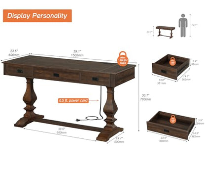 60-inch Vintage Wood Home Office Desk, Dark Walnut Brown