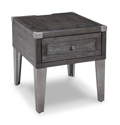 Dark gray industrial square end table with drawer and charging ports, view 6