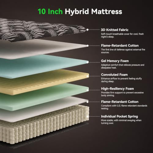 10 Inch King Hybrid Mattress with Gel Memory Foam & Pocket Springs, view 4