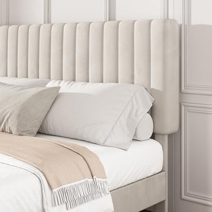 Queen Velvet Bed Frame with Vertical Channel Tufted Headboard Beige, view 5