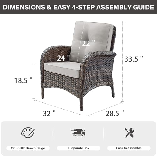 Patio Club Chair Wicker Chairs - Outdoor High Back Chair Set of 2 Patio Furniture Set Rattan Seating with Removable Cushions for Porch Balcony Deck Pool Sunroom Light Brown/Beige