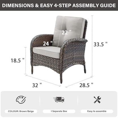 Patio Club Chair Wicker Chairs - Outdoor High Back Chair Set of 2 Patio Furniture Set Rattan Seating with Removable Cushions for Porch Balcony Deck Pool Sunroom Light Brown/Beige