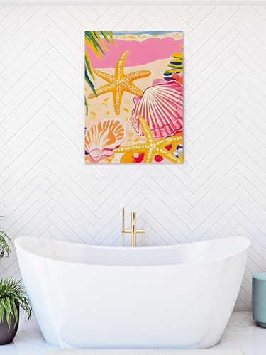 NuYeBiofx Summer Starfish Scallop Shell Palm Leaves Canvas Wall Art Prints,48"x32" Framed Picture Artwork Beach Scene Art Printed Canvas Oil Painting for Living Room Bedroom Office,Ready to Hang