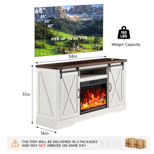 58" Fireplace TV Stand for TV up to 65 Inch with Farmhouse Tall Sliding Barn, view 3