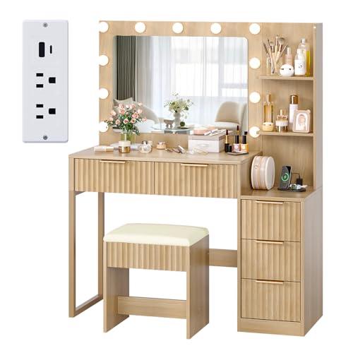 Fluted Makeup Vanity Desk with Mirror & Lights & Power Outlet, view 2