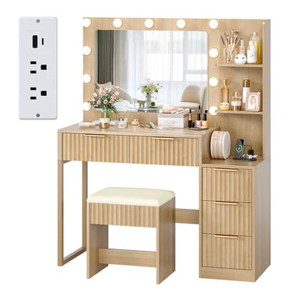 Fluted Makeup Vanity Desk with Mirror & Lights & Power Outlet, view 2