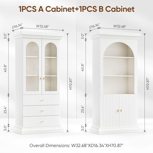 White arched kitchen pantry cabinet with gold handles, dual glass doors and open shelves, view 3