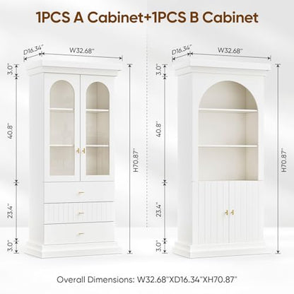White arched kitchen pantry cabinet with gold handles, dual glass doors and open shelves, view 3