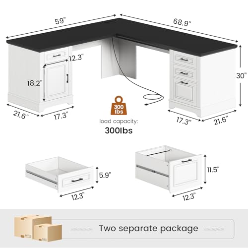 Farmhouse 69" Executive L Shaped Desk, Home Office Desk with Drawers and Storage Cabinet & Power Outlet, Corner Computer Desk, White