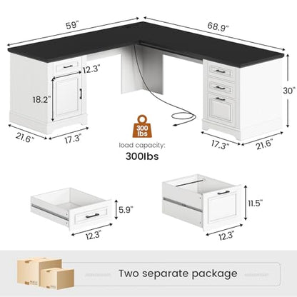 Farmhouse 69" Executive L Shaped Desk, Home Office Desk with Drawers and Storage Cabinet & Power Outlet, Corner Computer Desk, White
