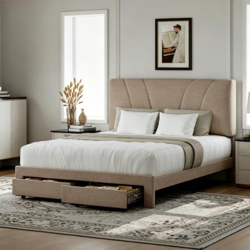 Queen Bed Frame with 2 Storage Drawers and Headboard, Linen Beige, view 2