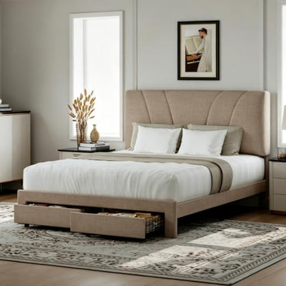 Queen Bed Frame with 2 Storage Drawers and Headboard, Linen Beige, view 2
