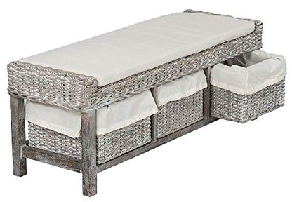 Safavieh FOX6537A Home Collection Kobutsu Rattan Storage Bench, White/Grey Wash