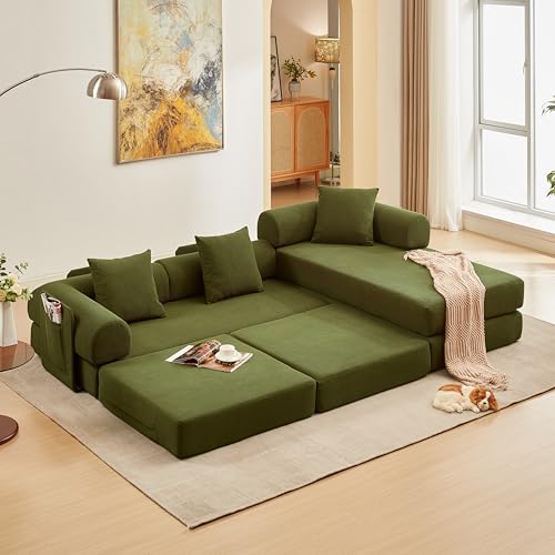 L Shaped Modular Sofa Bed with Cylindrical Pillow & Reversible Chaise, Corduroy Folding Floor Convertible Sofa Couch Bed with Fixed-Shape Frame & Storage Pocket for Living Room, Green