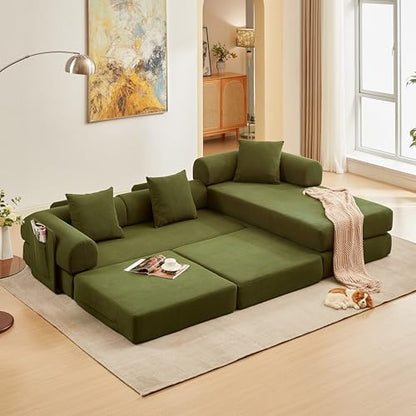 L Shaped Modular Sofa Bed with Cylindrical Pillow & Reversible Chaise, Corduroy Folding Floor Convertible Sofa Couch Bed with Fixed-Shape Frame & Storage Pocket for Living Room, Green