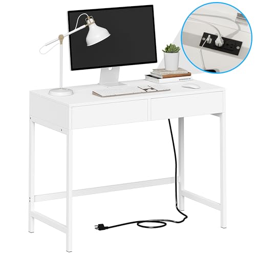 Computer Desk with USB Charging Ports and Power Outlets, Modern Simple 40 inch White Desk with 2 Drawers, Vanity Desk, Makeup Table for Home Office, Bedroom