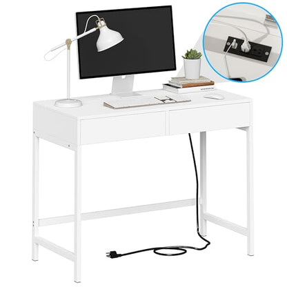 Computer Desk with USB Charging Ports and Power Outlets, Modern Simple 40 inch White Desk with 2 Drawers, Vanity Desk, Makeup Table for Home Office, Bedroom