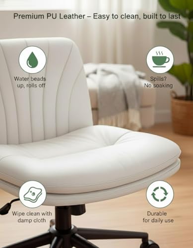 Armless-Office Desk Chair with Wheels: PU Leather Cross Legged Wide Chair, view 5