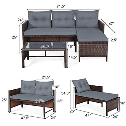 Patio Corner Sofa Set 3 Piece, Outdoor Rattan Sofa Set, Includes Lounge Chaise, Loveseat & Coffee Table, Patio Garden Poolside Lawn Backyard Furniture