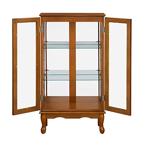 Curio Cabinet Lighted Curio Diapaly Cabinet Wooden Shelving Unit with Adjustable Shelves and Mirrored Back Panel, Tempered Glass Doors (Oak, 3 Tier)