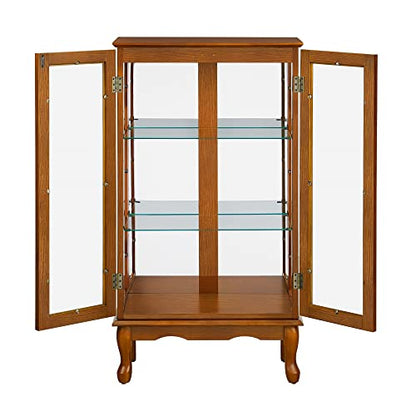Curio Cabinet Lighted Curio Diapaly Cabinet Wooden Shelving Unit with Adjustable Shelves and Mirrored Back Panel, Tempered Glass Doors (Oak, 3 Tier)