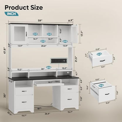 77.8" H Computer Desk with Hutch, Charging Station, LED Light,White, view 3
