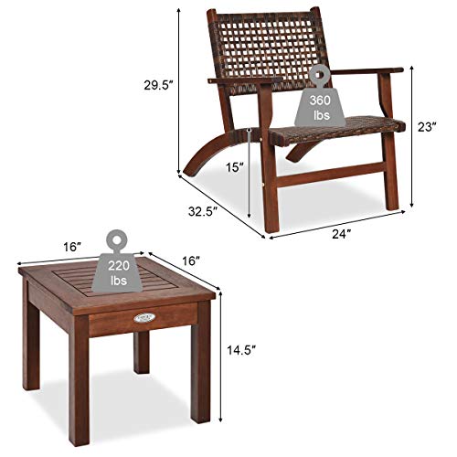 3 Pieces Patio Conversation Set, Solid Eucalyptus Wood Frame Outdoor Wicker Furniture Set Bistro Set with Coffee Table, Rattan Furniture Set for Backyard Porch Garden Poolside Balcony (Brown)