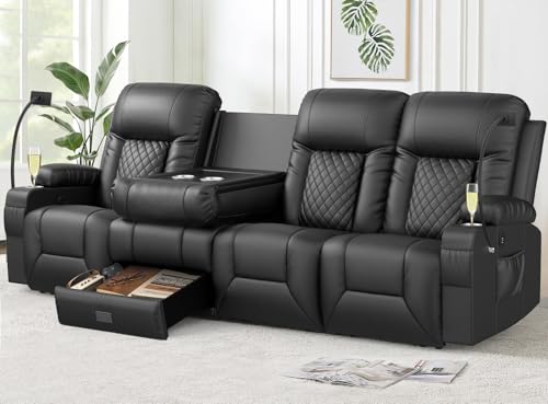 Recliner Sofa, Modern Dual Reclining Sofa with Flip Back Console, 4 Seater PU Leather Recliner Couch for Living Room/RV, with Storage Drawer, USB Ports, Cup Holder, Cell Phone Holder, Black