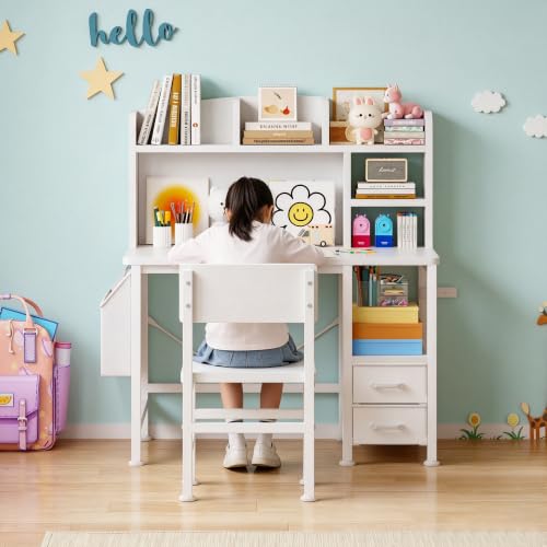 Kids Desk and Chair Set with Hutch, Study Desk with Storage, White, view 5