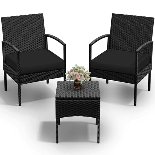 3 PCS Patio Rattan Conversation Bistro Chairs Set, Outdoor Patio Furniture Wicker Bistro Set with Coffee Table for Garden Porch Balcony Yard Lawn, Black